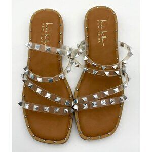 Nicole Miller New York Coralinne Clear Straps Silver Studded Flat Sandals 6.5